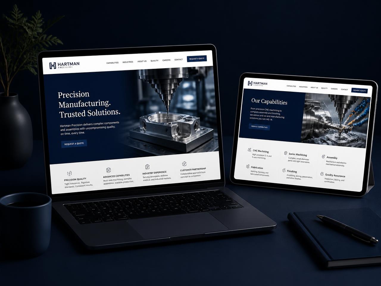 Manufacturing and professional services website design shown on a laptop and tablet