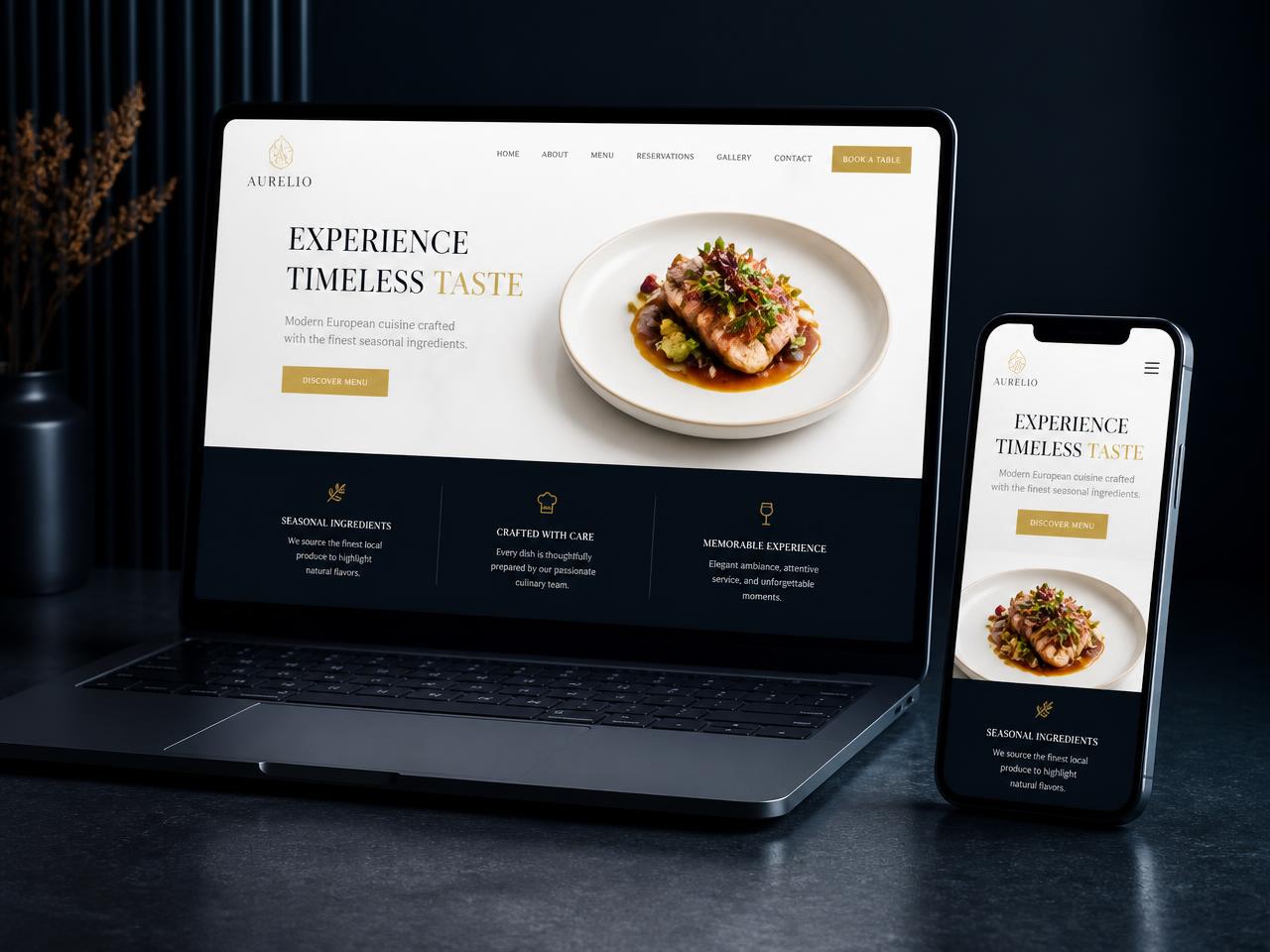 Restaurant business website design shown on a laptop and mobile